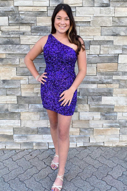Classic One Shoulder Sleeveless Sequins Tight Party Homecoming Dress