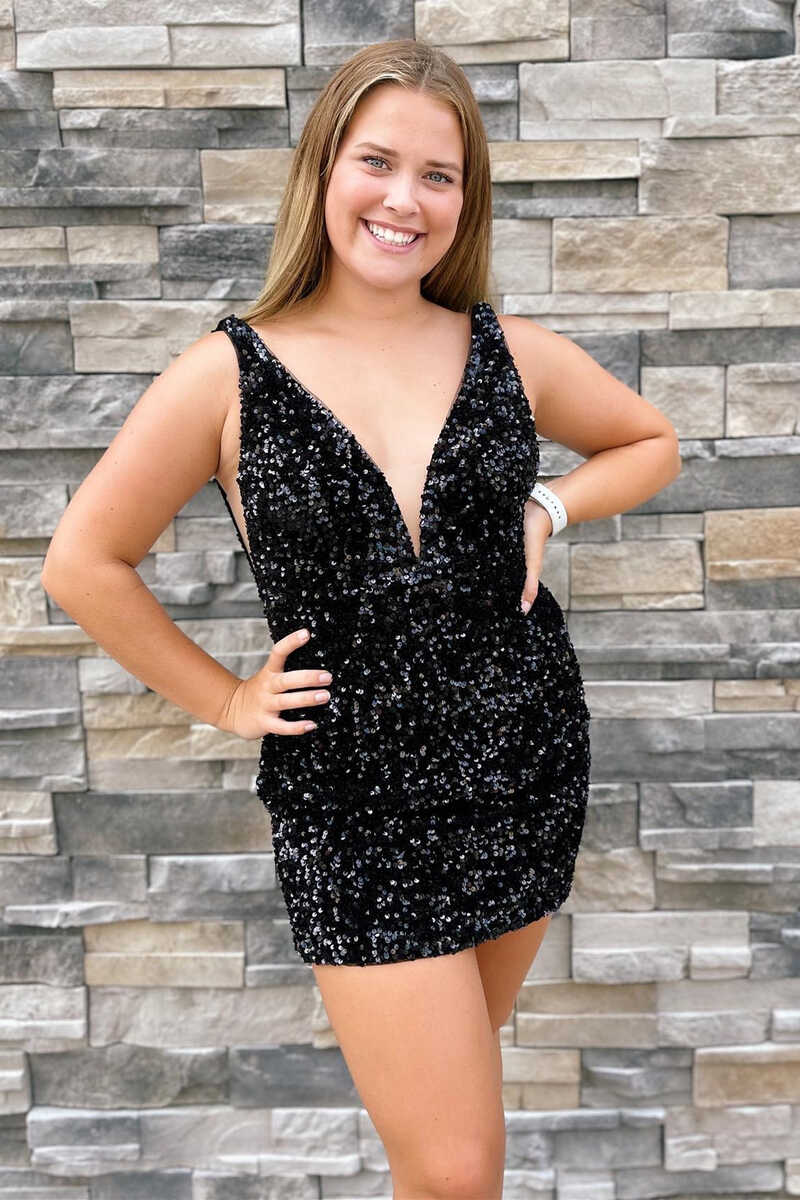 Purple Sequins Plunge Mini Homecoming Dress