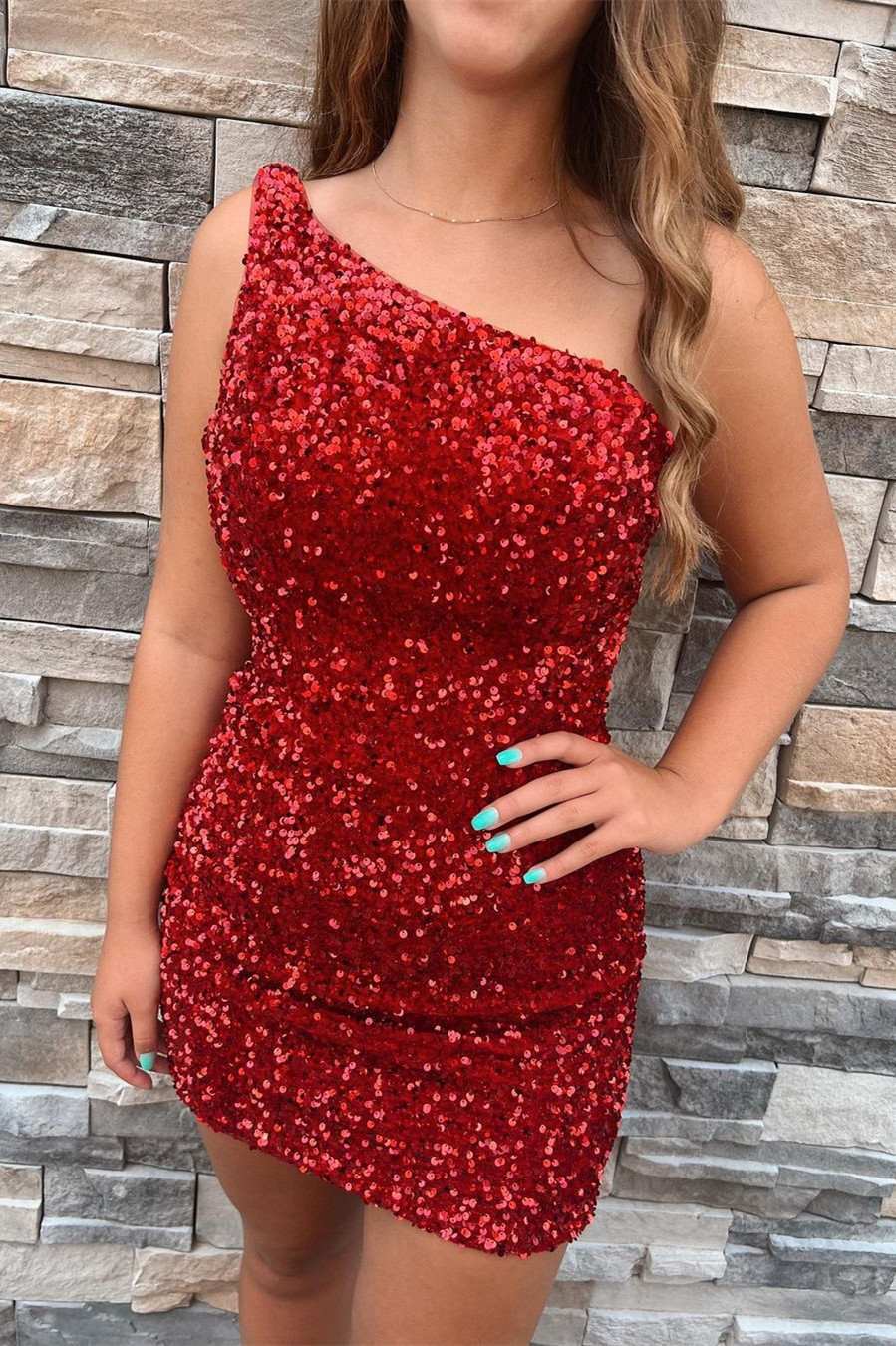 Black Sequins One-Shoulder Short Fitted Homecoming Dress