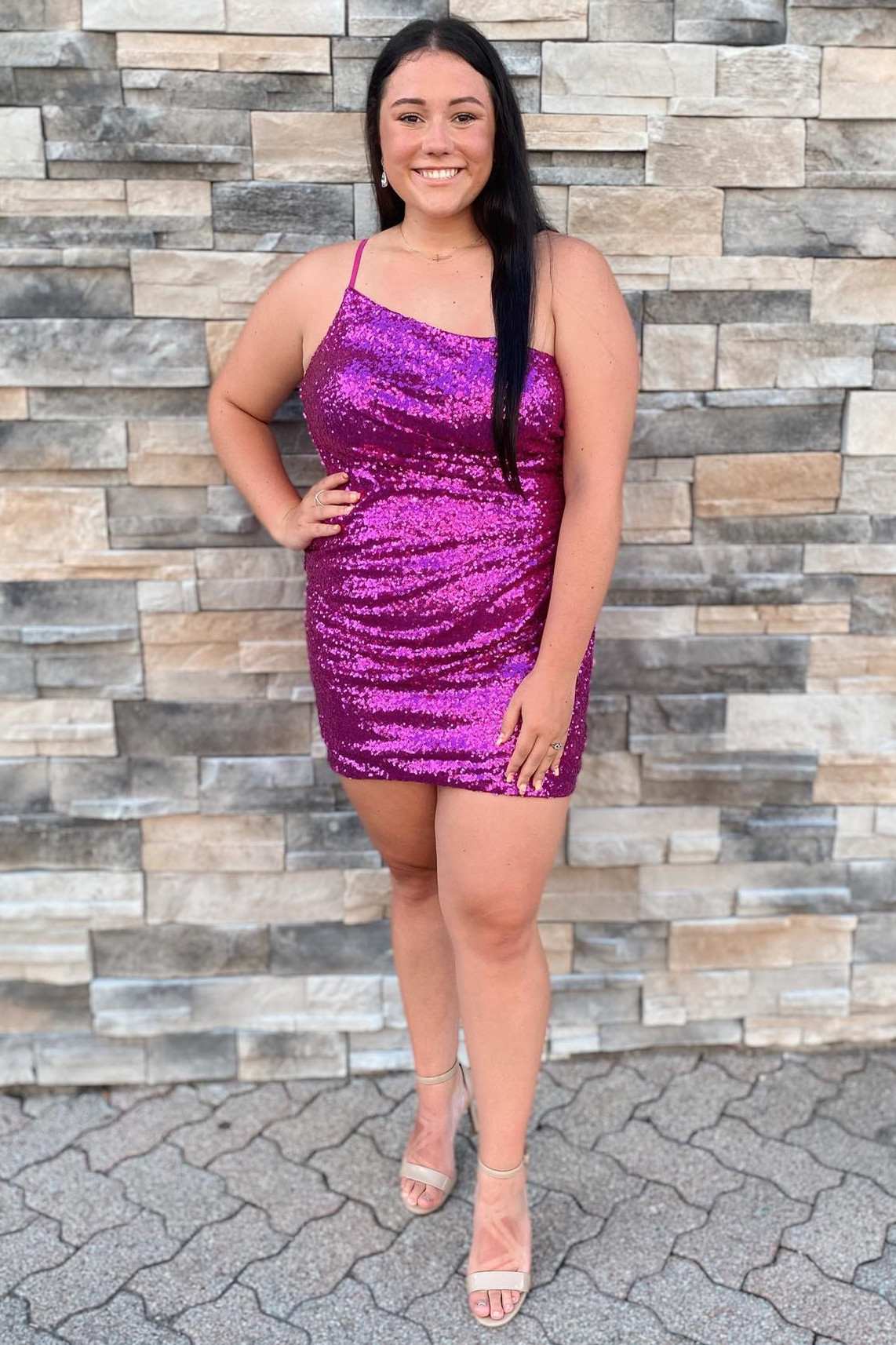 Black Sequin One-Shoulder Backless Tight Mini Dress