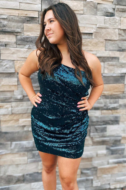 Black Sequin One-Shoulder Backless Tight Mini Dress