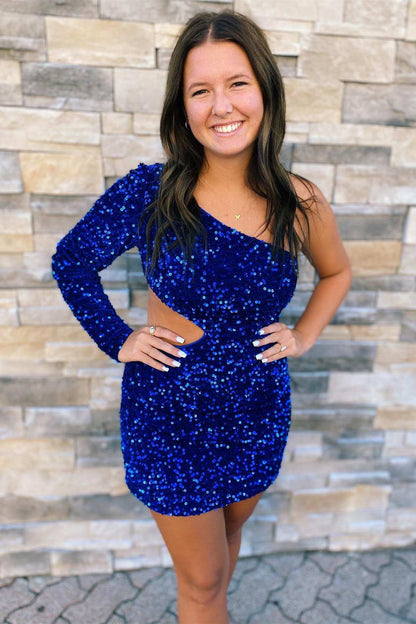 Purple Sequin One-Sleeve Cutout Short Homecoming Dress