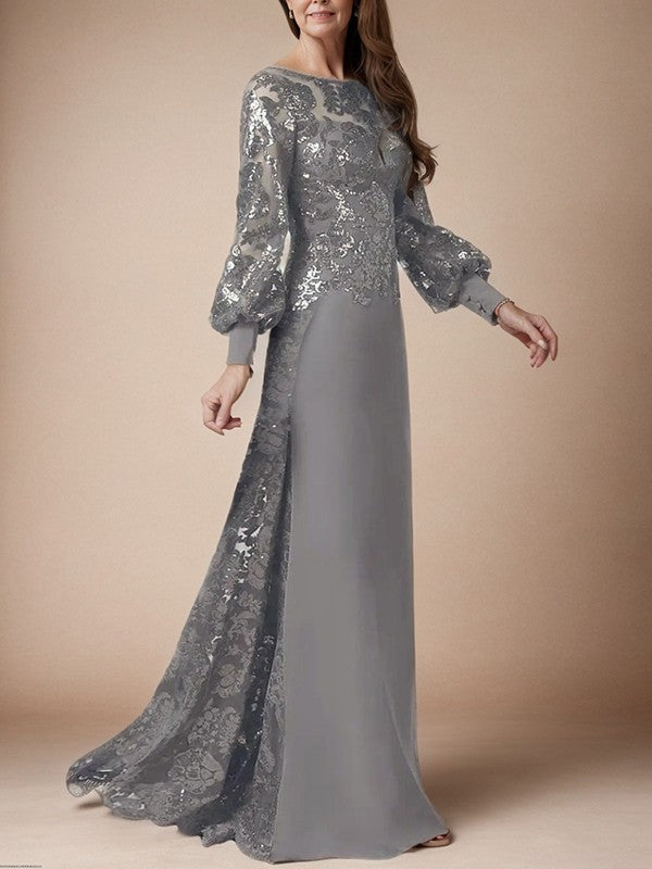 Tight V-back sequin captain sleeve chiffon and ground length style Mother of the Bride Dresses