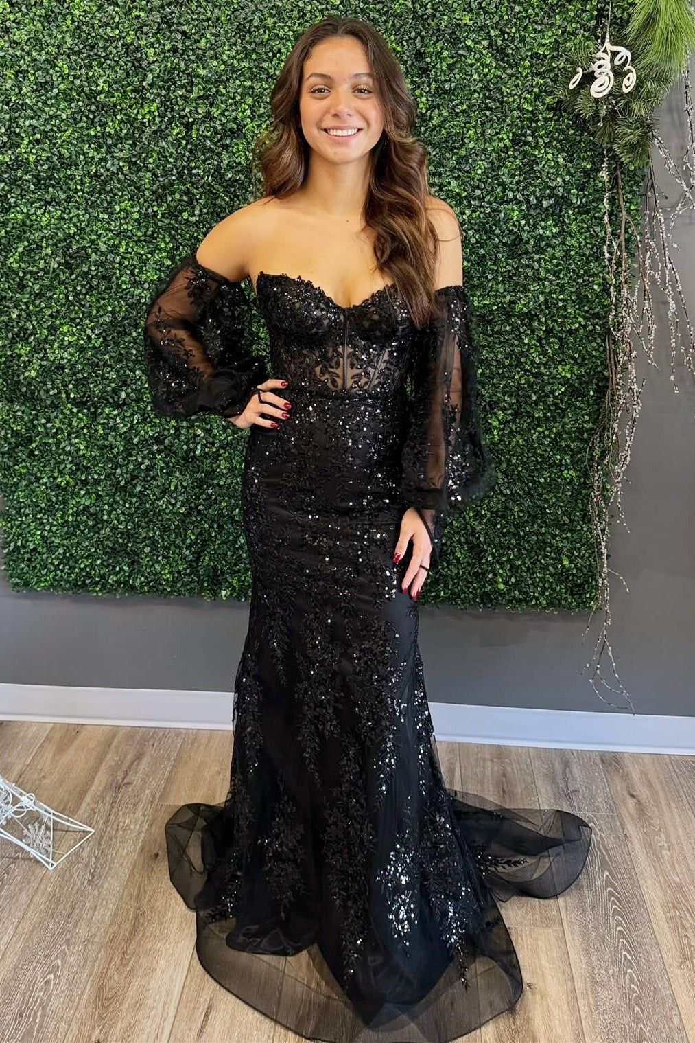 Mermaid White Off The Shoulder Sequins Lace Long Prom Dresses with Long Sleeves