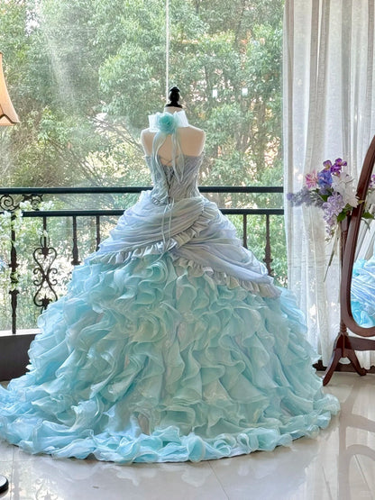 Girlhomeshops-Blue Gorgeous Elegant Shiny Long Tulle Quinceanera Dresses Prom Dress Graduation Dress gh5002