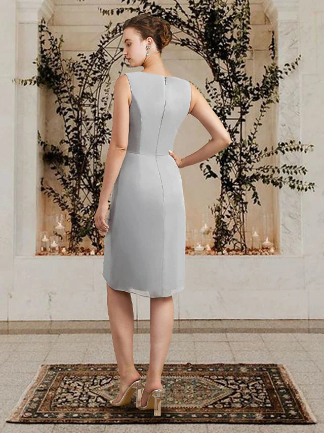 Two Piece Sheath / Column Mother of the Bride Dress Church Elegant Square Neck Jewel Neck Knee Length Chiffon Lace Sleeveless Wrap Included with Ruffles Appliques