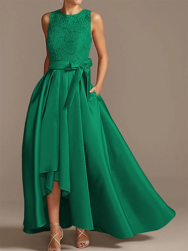 Noble A-shaped Princess Satin Belt, Ribbon Belt Applique Low Round Sleeveless Asymmetric Bride Mother of the Bride Dresses