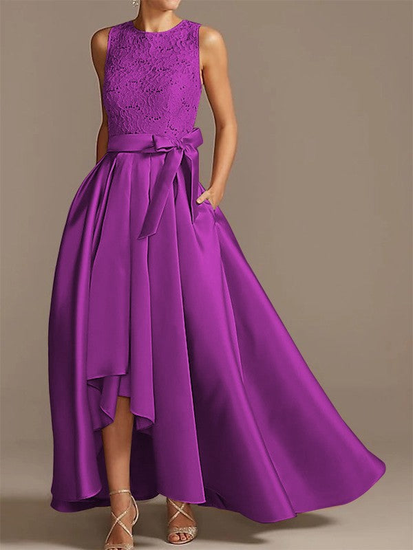 Noble A-shaped Princess Satin Belt, Ribbon Belt Applique Low Round Sleeveless Asymmetric Bride Mother of the Bride Dresses