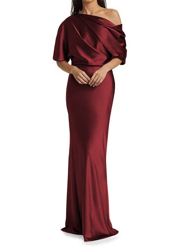 Elegant and tight fitting column shaped elastic woven satin pleats on one shoulder 1/2 sleeves and floor length bridal Mother of the Bride Dresses