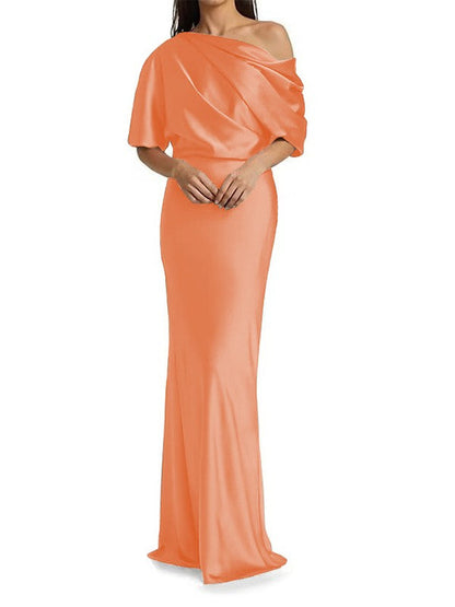 Elegant and tight fitting column shaped elastic woven satin pleats on one shoulder 1/2 sleeves and floor length bridal Mother of the Bride Dresses