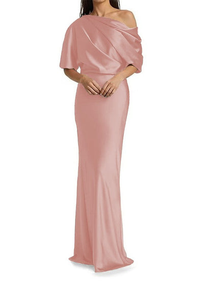 Elegant and tight fitting column shaped elastic woven satin pleats on one shoulder 1/2 sleeves and floor length bridal Mother of the Bride Dresses