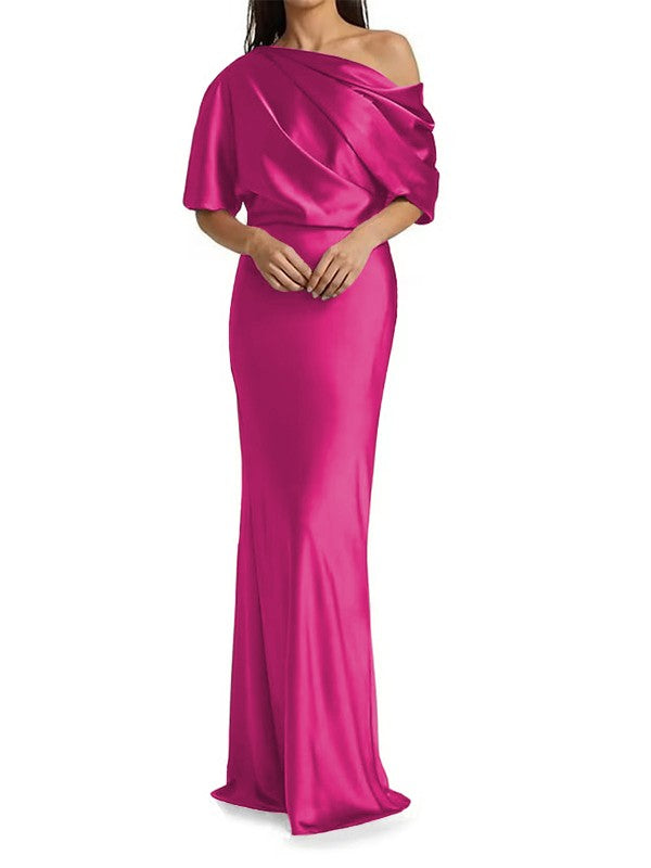 Elegant and tight fitting column shaped elastic woven satin pleats on one shoulder 1/2 sleeves and floor length bridal Mother of the Bride Dresses