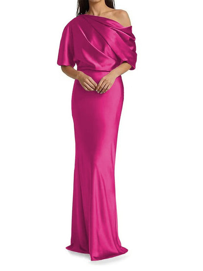 Elegant and tight fitting column shaped elastic woven satin pleats on one shoulder 1/2 sleeves and floor length bridal Mother of the Bride Dresses