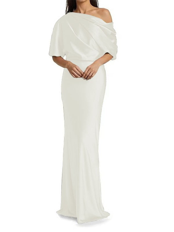 Elegant and tight fitting column shaped elastic woven satin pleats on one shoulder 1/2 sleeves and floor length bridal Mother of the Bride Dresses
