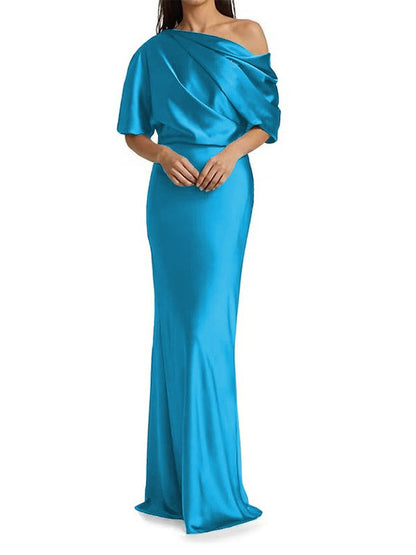 Elegant and tight fitting column shaped elastic woven satin pleats on one shoulder 1/2 sleeves and floor length bridal Mother of the Bride Dresses