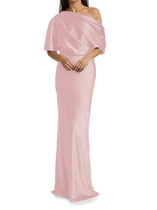 Elegant and tight fitting column shaped elastic woven satin pleats on one shoulder 1/2 sleeves and floor length bridal Mother of the Bride Dresses
