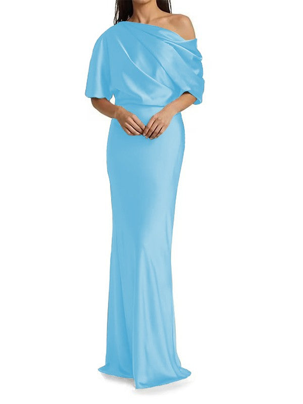 Elegant and tight fitting column shaped elastic woven satin pleats on one shoulder 1/2 sleeves and floor length bridal Mother of the Bride Dresses