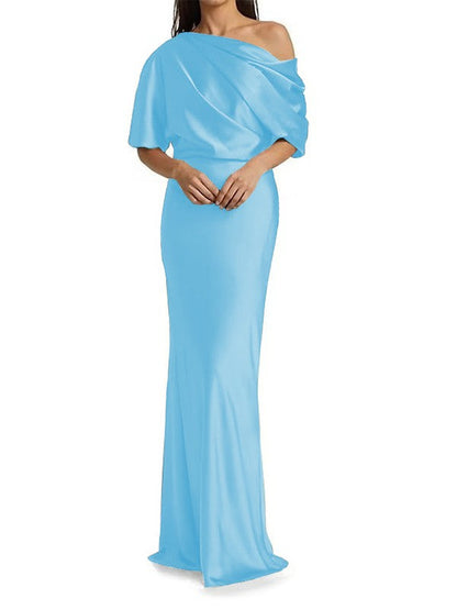 Elegant and tight fitting column shaped elastic woven satin pleats on one shoulder 1/2 sleeves and floor length bridal Mother of the Bride Dresses
