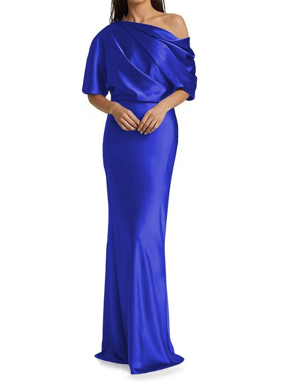 Elegant and tight fitting column shaped elastic woven satin pleats on one shoulder 1/2 sleeves and floor length bridal Mother of the Bride Dresses