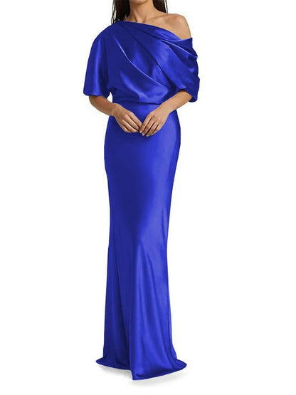 Elegant and tight fitting column shaped elastic woven satin pleats on one shoulder 1/2 sleeves and floor length bridal Mother of the Bride Dresses