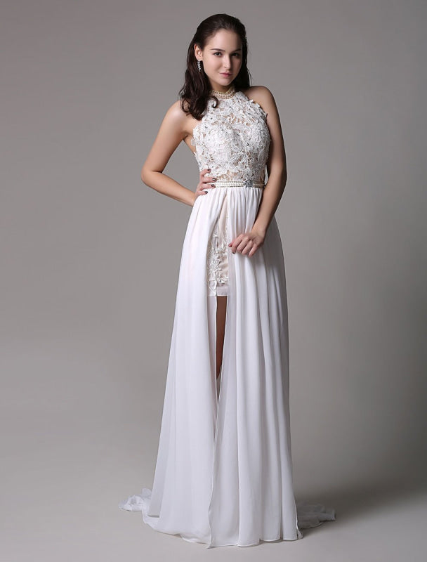 Long Ivory Halter Backless Evening Dress Lace Applique Beading Chiffon Split Party Dress