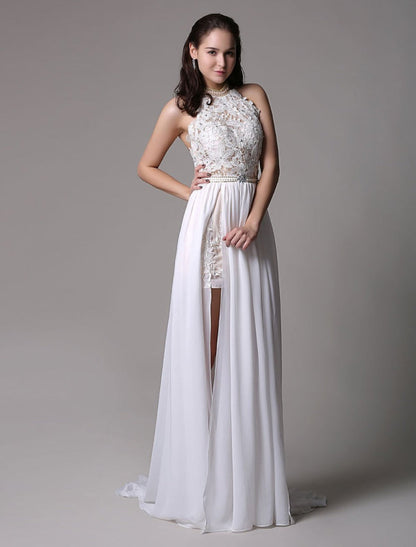 Long Ivory Halter Backless Evening Dress Lace Applique Beading Chiffon Split Party Dress