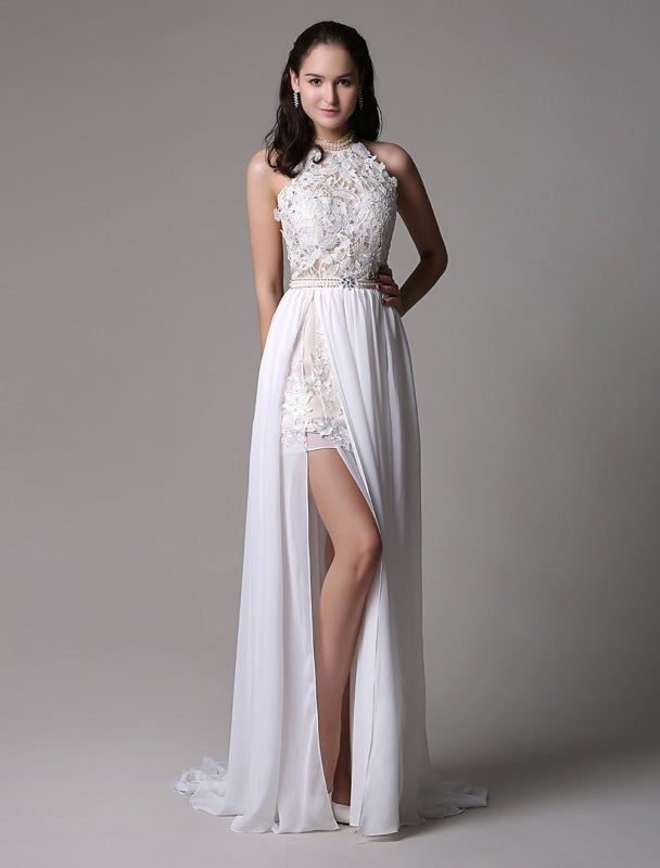 Long Ivory Halter Backless Evening Dress Lace Applique Beading Chiffon Split Party Dress