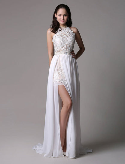 Long Ivory Halter Backless Evening Dress Lace Applique Beading Chiffon Split Party Dress