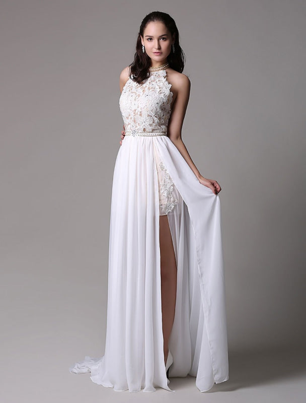 Long Ivory Halter Backless Evening Dress Lace Applique Beading Chiffon Split Party Dress