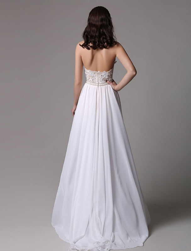 Long Ivory Halter Backless Evening Dress Lace Applique Beading Chiffon Split Party Dress