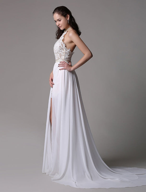 Long Ivory Halter Backless Evening Dress Lace Applique Beading Chiffon Split Party Dress