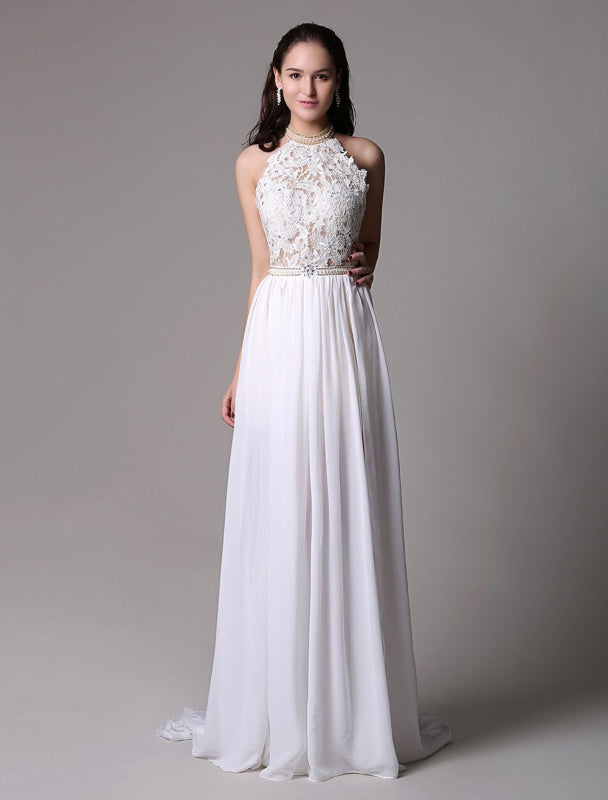 Long Ivory Halter Backless Evening Dress Lace Applique Beading Chiffon Split Party Dress