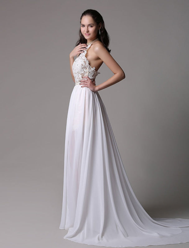 Long Ivory Halter Backless Evening Dress Lace Applique Beading Chiffon Split Party Dress