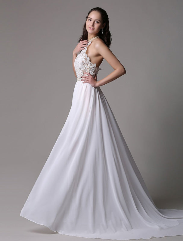Long Ivory Halter Backless Evening Dress Lace Applique Beading Chiffon Split Party Dress