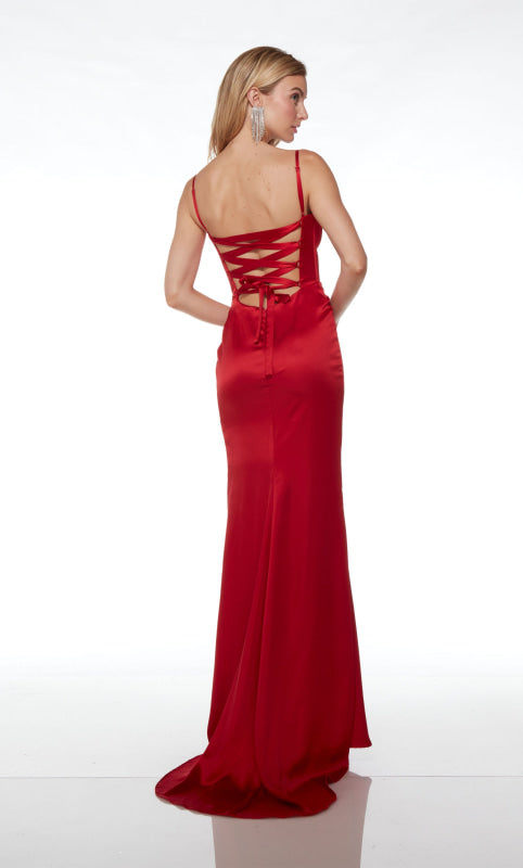 Long Plunging Formal Dress Spaghetti Straps with High Slit
