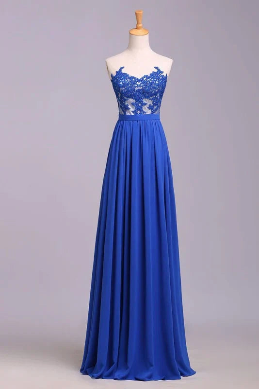 Elegant Strapless Chiffon Evening Lace Appliques Long Prom Dress Royal Blue