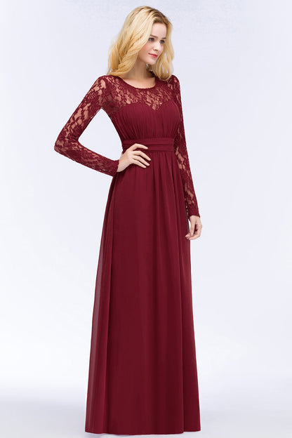 Long Sleeves Burgundy Bridesmaid Dress Chiffon Aline Wedding Guest Dress