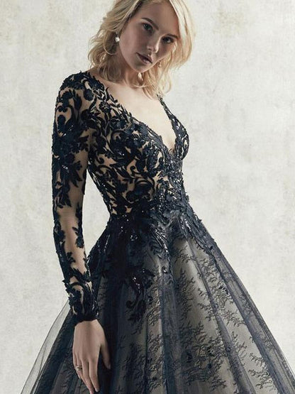 Long Sleeves Black Wedding Dresses Lace Princess Court Train Bridal Gown
