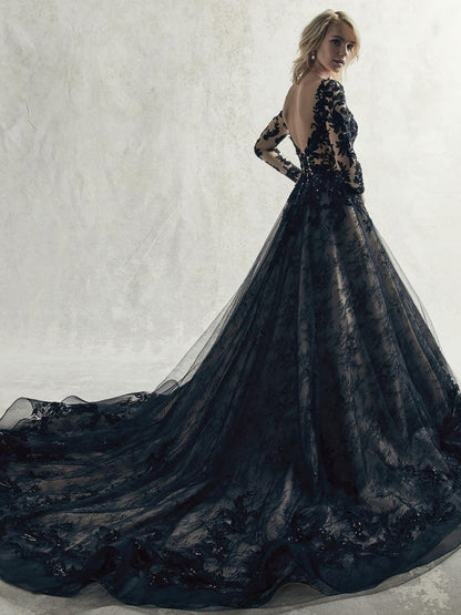 Long Sleeves Black Wedding Dresses Lace Princess Court Train Bridal Gown