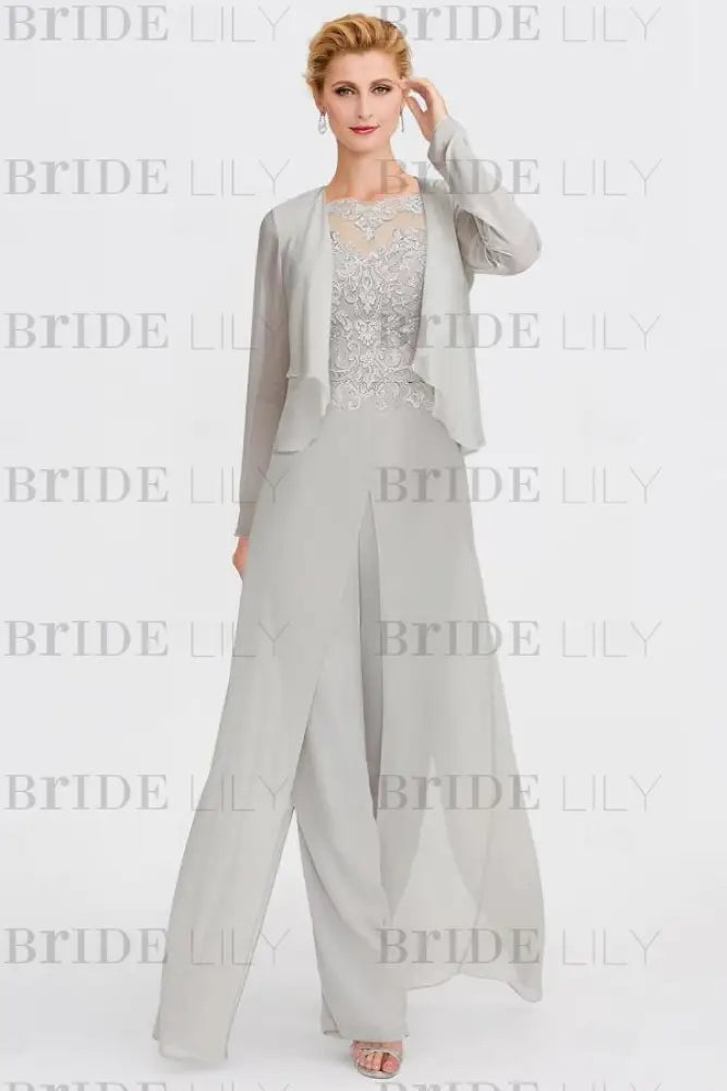 Long Sleeves Lace Appliques Chiffon Mother of Bride Dress Jumpsuit