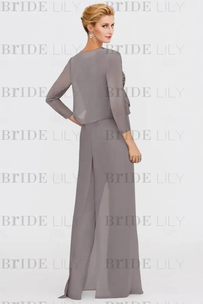 Long Sleeves Lace Appliques Chiffon Mother of Bride Dress Jumpsuit