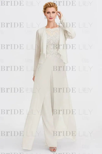 Long Sleeves Lace Appliques Chiffon Mother of Bride Dress Jumpsuit