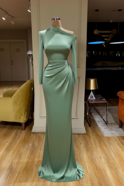 Long Sleeves Mermaid Prom Dress Satin Evening Dress White