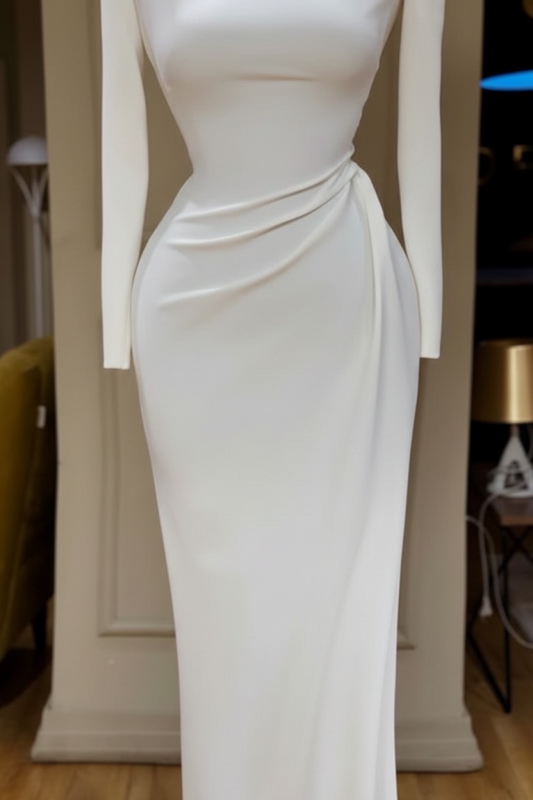 Long Sleeves Mermaid Prom Dress Satin Evening Dress White