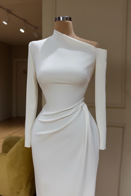 Long Sleeves Mermaid Prom Dress Satin Evening Dress White