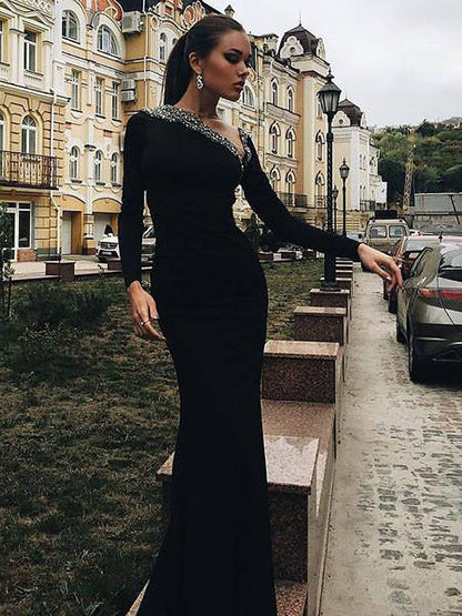 Long Sleeves One-Shoulder Beading Trumpet/Mermaid Prom Dress