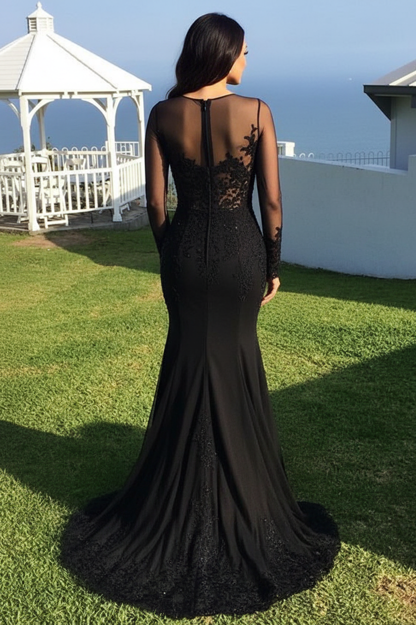 Long Sleeves Sweep/Brush Train Black Prom Dresses With Lace Appliques