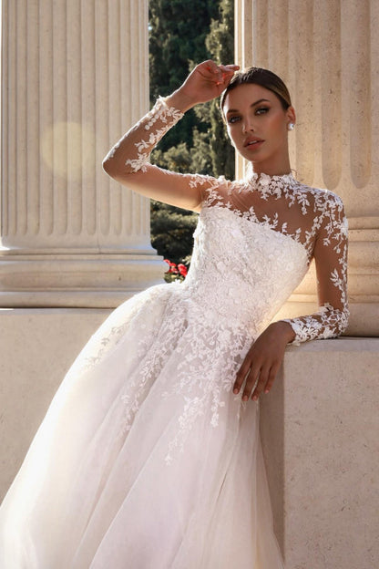Long Sleeves Tulle Lace Aline Wedding Dress Appliques Long Bridal Gown