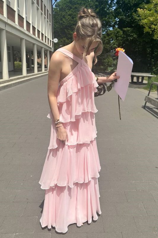 Pink Chiffon Evening Dresses Elegant Open Back Maxi Dress