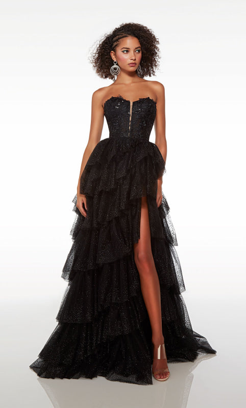 Sleeveless Black Tulle Prom Dress with Slit Gloves V-Neck Long Evening Dress